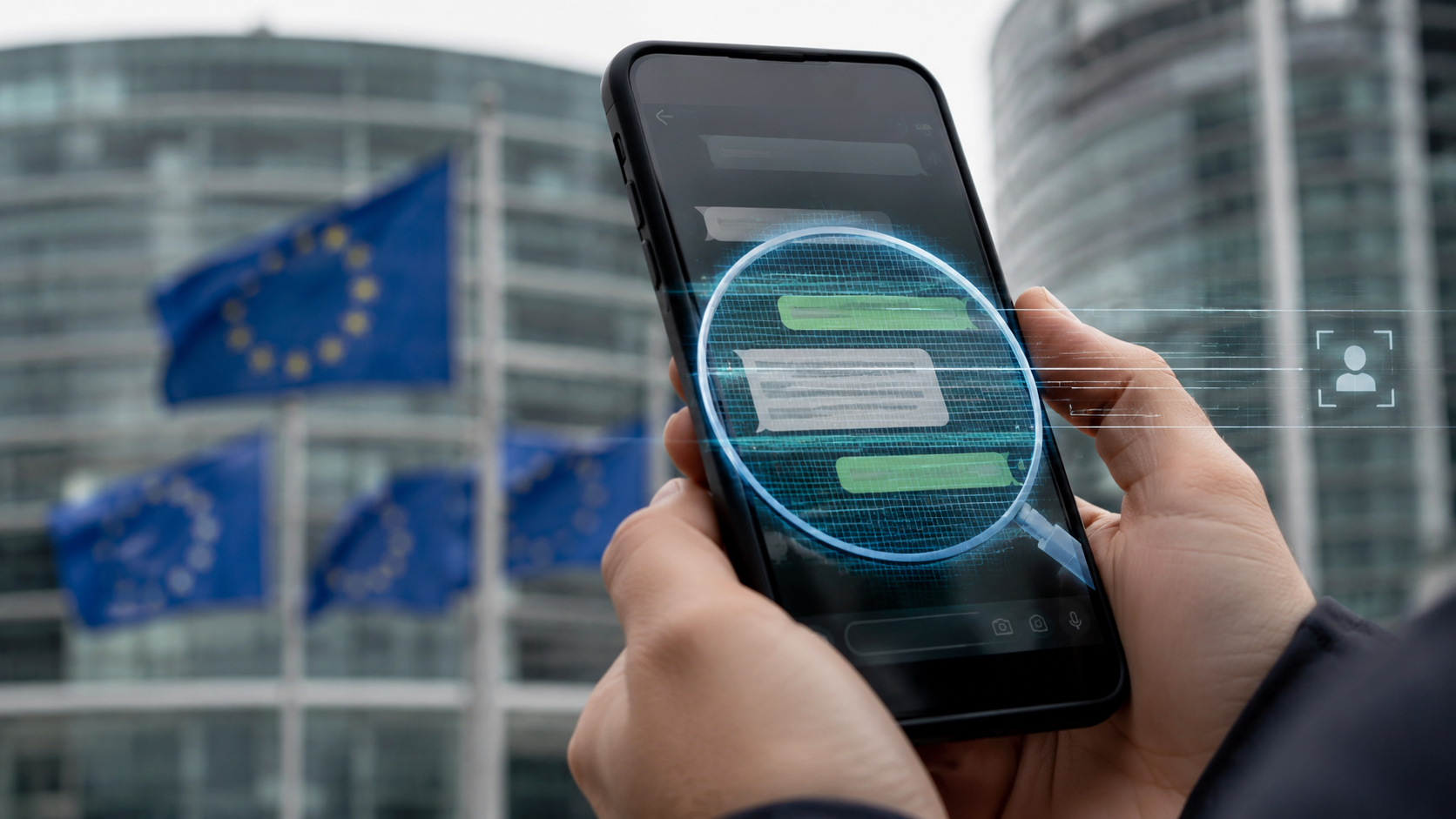 Smartphone med chatbeskeder foran EU-bygning som symbol på overvågning og Chat Control