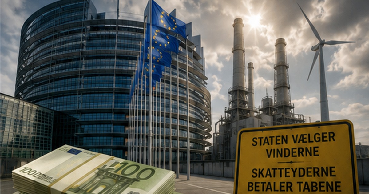 EU-bygning, industri, penge og skilt om at skatteyderne betaler tabene