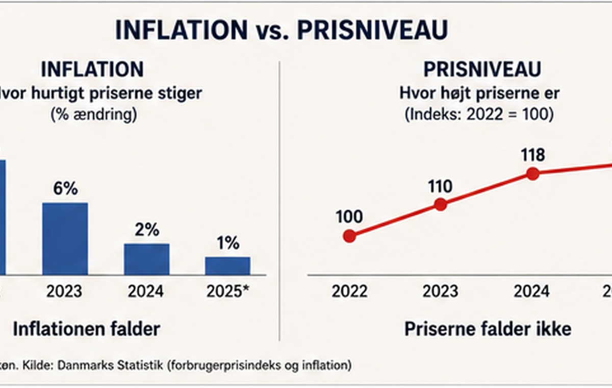 Grafisk forklaring af forskellen mellem faldende inflation og stigende prisniveau