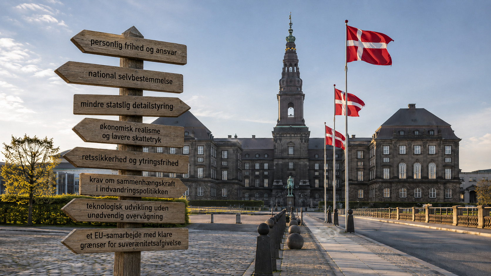 Vejskilte med politiske principper foran Christiansborg